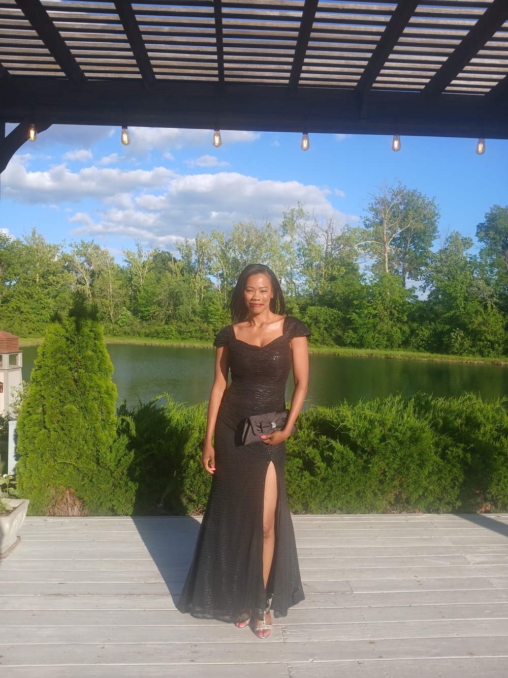 Black Cap-Sleeve Dress with High Side Slit